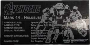 LEGO Marvel Superheroes Hulkbuster information plaque tile.