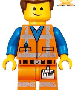 "LEGO Movie Emmet Minifigure displayed on stand."